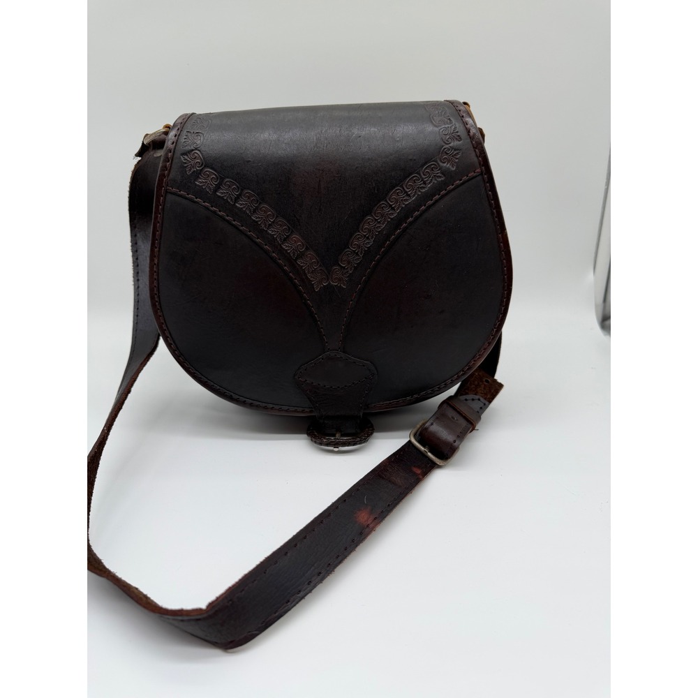 Vintage Dark Brown Tooled Leather Saddle Bag Crossbody Floral Stamped Boho